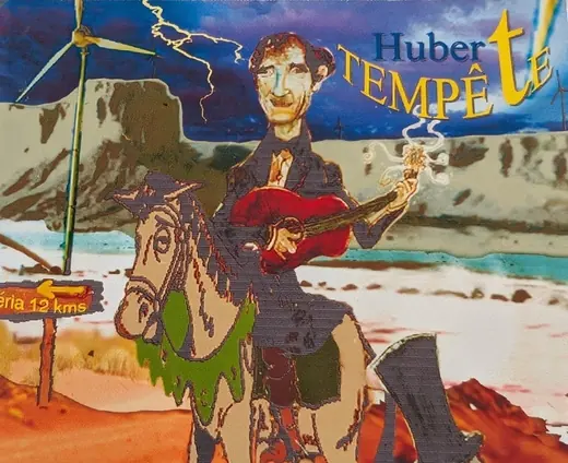 Une affiche dessinée : en cow-boy à cheval, la guitare à la main